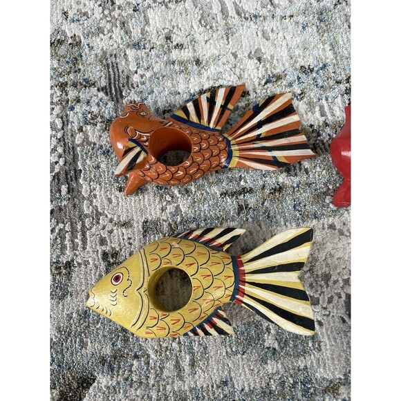 Set of 6 Wooden Hand Painted Napkin Ring Fish Tropical Island Beach Summer Ocean - Picture 6 of 8
